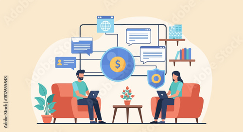 Two people in armchairs on laptops connected to central money and security icons