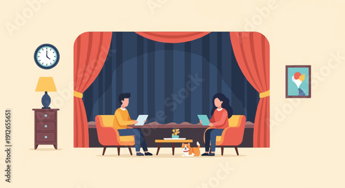 Two people in armchairs by a window with curtains, dog nearby