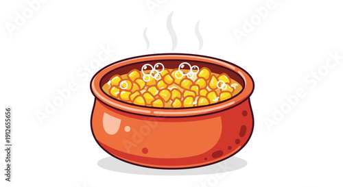 A vibrant cartoon illustration of a steaming bowl of sweet yellow corn kernels, ready to be enjoyed