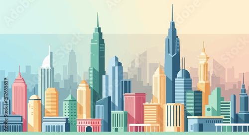 Vibrant, flat design cityscape with pastel colored skyscrapers