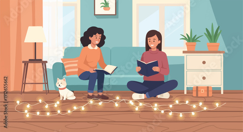 Two women and a dog relax indoors, reading books near decorative lights
