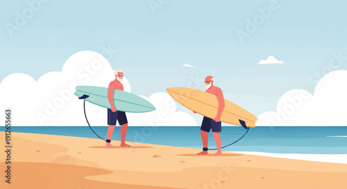 Two elderly men with surfboards stand on a sandy beach by the ocean