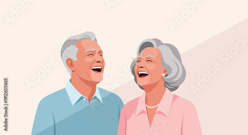 Two elderly individuals with gray hair share a joyful moment, laughing heartily