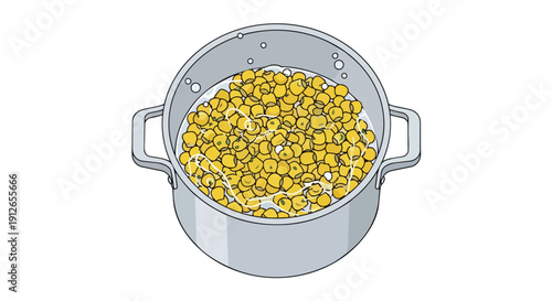 An overhead view reveals vibrant yellow peas softly simmering in a pristine metallic pot filled with clear water, a depiction of healthy food