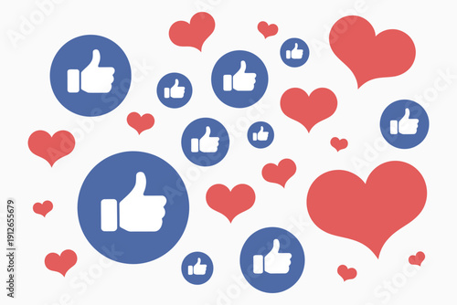 Social media like and heart icons, thumbs up and love reaction symbols, digital user feedback and engagement interface, vector graphics for app design, website interaction, and social media content.