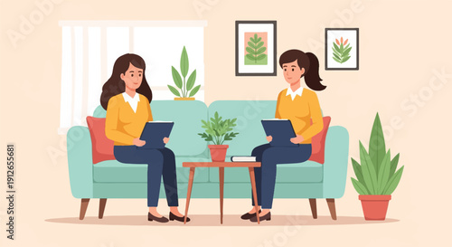 Two women sit on a couch, each holding a tablet, in a room with plants