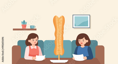Two women sit on a sofa, reading papers near a tall fried pastry