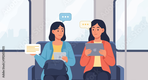 Two women using tablets and communicating via speech bubbles on a train ride