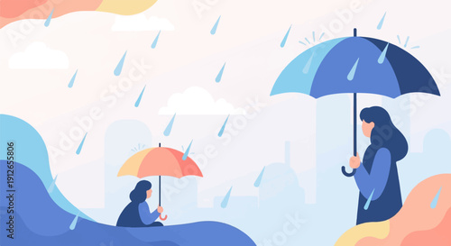 Two women under umbrellas in the rain with stylized clouds and cityscape in background