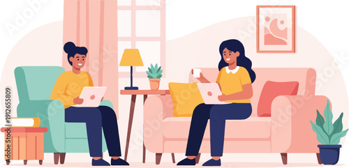 Two people with laptops and drinks relax in a cozy living room