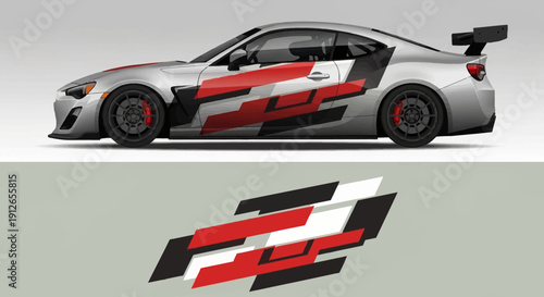 Sleek race car with bold red and white livery, aerodynamic decals, and aggressive styling.