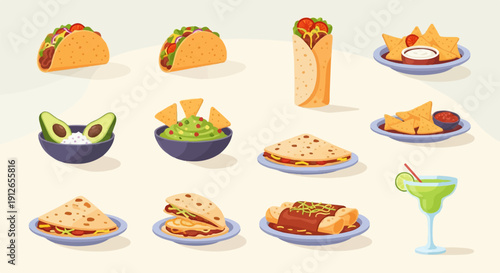 Vibrant Mexican food assortment tacos, burritos, quesadillas, nachos, guacamole, and margarita