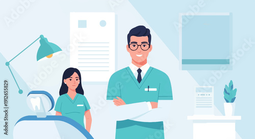 Two dentists in a modern clinic, one male and one female, smiling