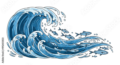 Large ocean wave cresting with school of fish in blue water