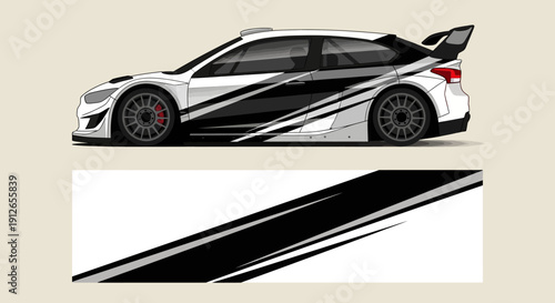 Stylish white race car with bold black racing stripe graphic.