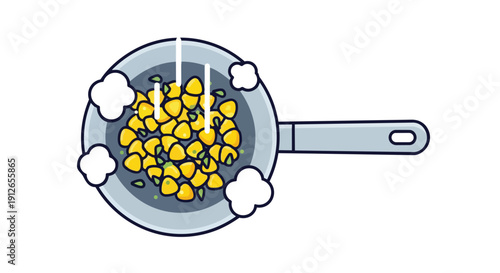 A lively overhead cartoon illustration captures bright yellow corn kernels and green herbs gently sizzling in a steaming gray pan representing