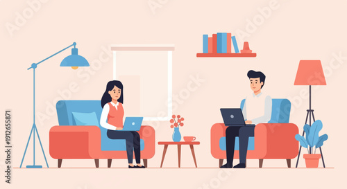 Two people using laptops while relaxing in armchairs at home