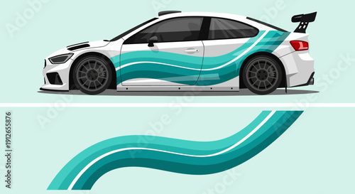 Futuristic race car illustration featuring teal livery and flowing aerodynamic curves.