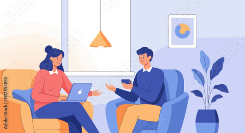 Two people in comfortable chairs are chatting, one with a laptop and the other with a drink