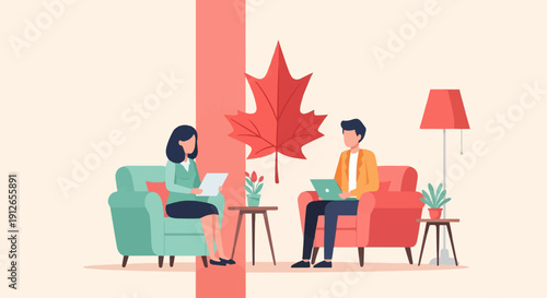 Two people in comfortable chairs, one with laptop, with Canadian maple leaf