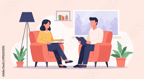 Two people in comfortable chairs in a room, one holding a tablet