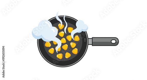 Vibrant corn kernels sizzling in a hot pan, releasing steam as they prepare to transform into a delightful treat.