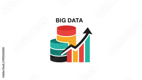 Big Data Growth and Analytics Icon. Database Storage Stacks with Upward Trend Arrow and Bar Chart. Business Intelligence Vector Illustration.