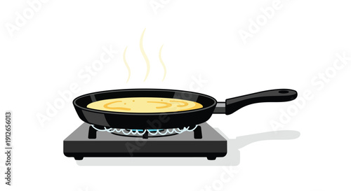 Graphic showing golden food cooking in a dark pan on a gas stove with steam. Clean white background. Perfect for breakfast, home cooking, simple