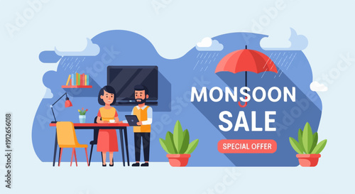 Two people interacting near a desk with a monsoon sale umbrella overhead