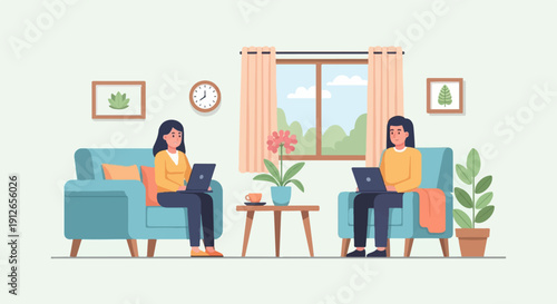 Two people sitting on couches working on laptops in a living room