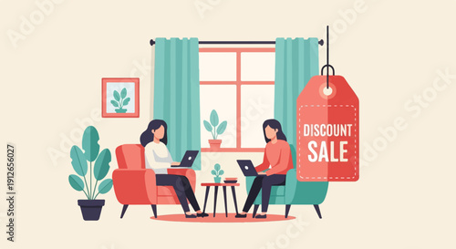 Two women working on laptops in a cozy living room with a sale tag