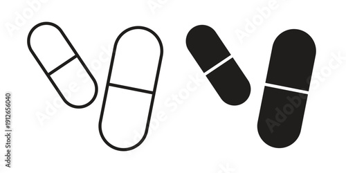 Pill icon in black line style set. logotype designs