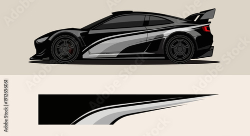Sleek black and silver sports car with aerodynamic design and aggressive stance.