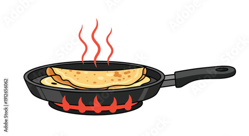 Vivid illustration of a golden, steaming pancake expertly sizzling within a heated frying pan, bathed in red stove flames, perfectly conveying