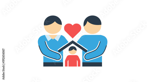 Loving Family Protection Icon. Flat vector illustration of two parents sheltering a child under a heart, symbolizing safety, home, and care.