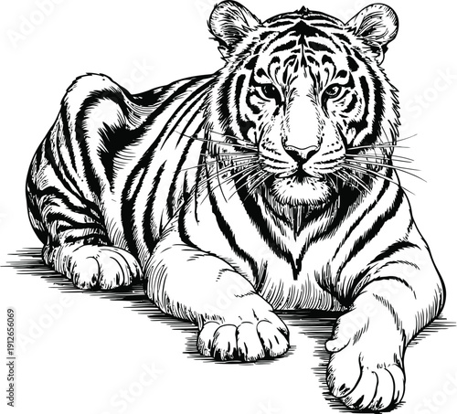 Black and white tiger drawing, large feline predatory animal illustration in sketch style