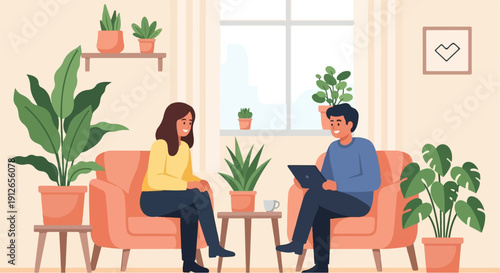Two people sitting in comfortable chairs in a living room with plants