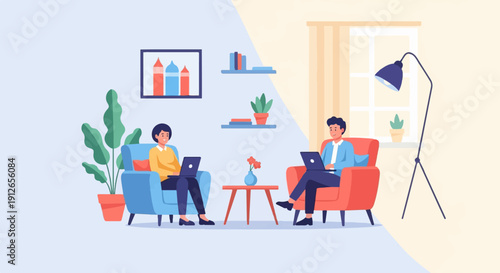 Two people sitting in armchairs, each working on a laptop