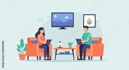 Two people sit on couches, each with a laptop, in a room with a TV and art