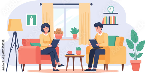 Two people sit on opposite couches, each using a tablet computer in a living room