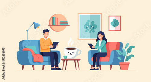 Two people sit on sofas, with a table, coffee cup and plants