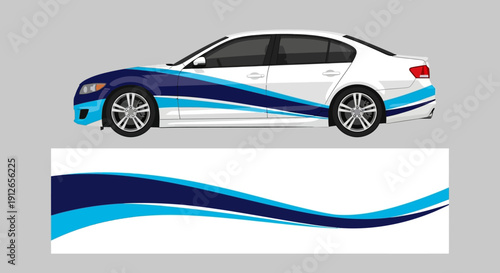 White sedan with blue graphic waves and flowing swoosh design on a neutral gray studio backdrop.