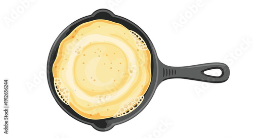Freshly poured golden pancake batter gently sizzling in a dark cast-iron frying pan, revealing delightful bubbles on its surface, perfect for a cozy
