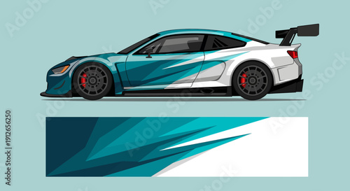 Sleek blue teal sports car with aerodynamic design and racing decals in a graphic banner illustration.