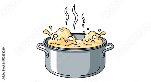 Vibrantly colored cartoon of a metal pot with boiling yellow liquid and frothy bubbles, splashing with rising steam