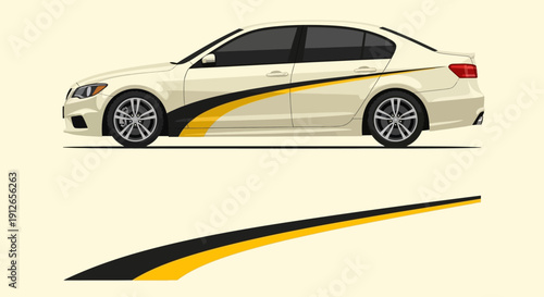 Side view of a sleek sedan with decorative black and gold racing stripes against a light background.