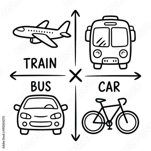 Transportation Illustration: A hand-drawn illustration showcases diverse modes of transportation, including an airplane, bus, car, bicycle, and train, all converging to emphasize connectivity