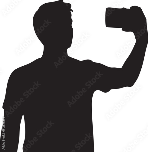 Person holding a smartphone at arm's length taking a selfie silhouette isolated on white background minimalist social media and mobile photography illustration