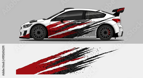 Powerful race car with red black white livery and dynamic racing graphics showcasing speed and style.