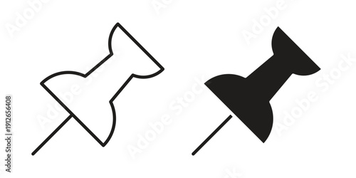 Push pin icon in black line style set. logotype designs